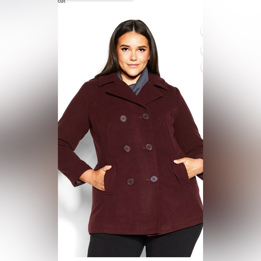 Avenue Women's Plus Size Faux Wool Double Breasted Long Sleeves Peacoat- Berry